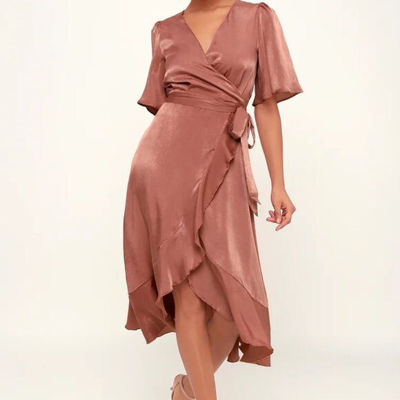 Lulu's Wrapped Up In Love Satin Faux Wrap Midi Dress large - Picture 1 of 10